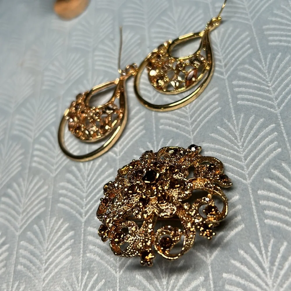 ✨Dazzling brown stone broach and earring set - Picture 9 of 13
